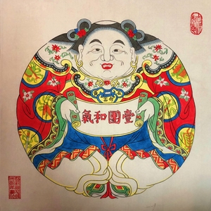 桃花坞清古版色版,线版"一团和气",为桃花坞年画代表作,此线