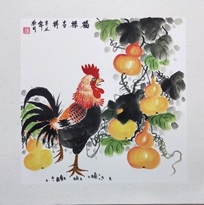 000人付款淘宝本人纯手绘大公鸡国画大吉大利吉祥如意图卡纸画 尺寸50