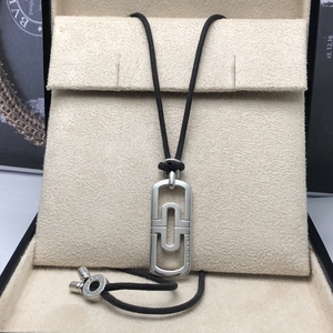 bvlgari宝格丽18k白金回形针吊坠男士皮绳子项链