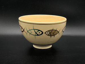 日本回流瓷器,京烧大师野野村仁清茶碗,抹茶碗,碗身8条鱼,年