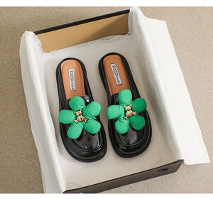 卡迪高真皮网红包头半拖鞋女夏外穿2023新款时尚凉拖半托