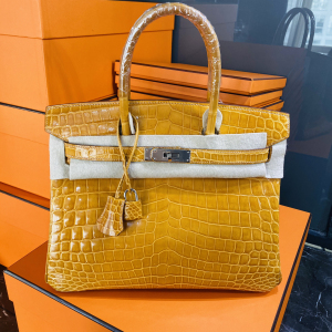 hermes爱马仕bk30 birkin30鳄鱼皮琥珀黄银扣