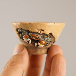 日本乐山烧螃蟹杯主人杯天神蟹岩蟹杯子二六烧水月烧.高3.2c