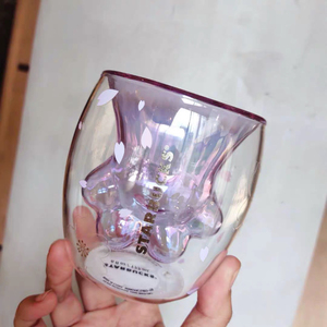 星巴克2020紫樱猫爪款双层玻璃杯猫屁股猫尾巴玻璃杯萌猫水杯