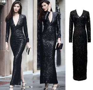 何穗明星同款黑色亮片连衣裙秋冬长袖长款修身高端气质名媛晚礼服