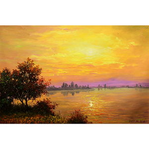 朝鲜油画  一级艺术家 金哲俊《风景 金色天空》金碧辉煌装饰画