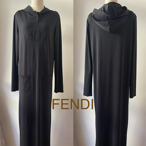 稀有款中古正品fendi芬迪黑色jeans系列兜帽连衣裙长袍