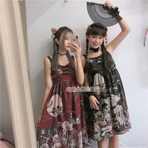 森女想去海边三扣三 百鬼夜行日式和风复古盘扣印花连衣裙jsk