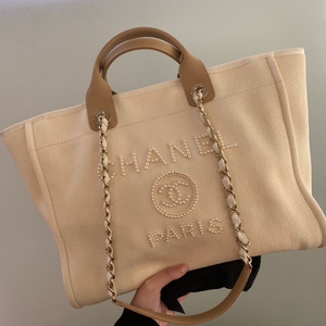 chanel 香奈儿 大号沙滩包 购物袋 米白色针织 珍珠字