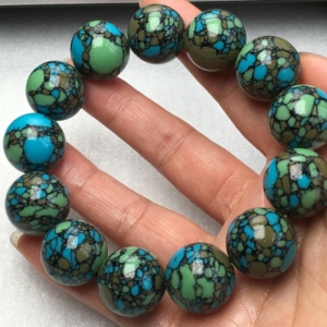 原矿绿松石极品唐三彩圆珠散珠单圈手串,尺寸16.6mm,克重
