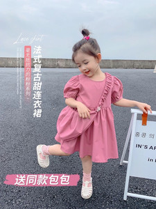 全新女童2021夏季新款儿童韩版连衣裙小童复古法式长裙宝宝洋