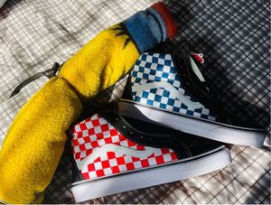 万斯假面骑士 鸳鸯红蓝格子日版小丑高帮sk8-hi情侣帆布鞋