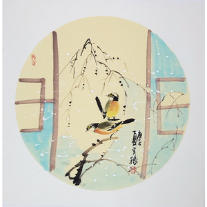 朱红艳《花鸟》手绘圆形卡纸写意花鸟画竹子画卧室小品装饰拍卖