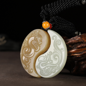 新疆和田白玉仿古龙凤对牌挂件60克祥瑞守护祈福安康男女款配饰
