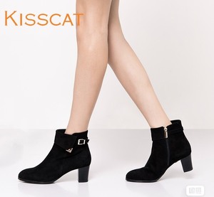 接吻猫 kisscat 秋冬小方跟矮靴 羊反绒短靴女 鞋跟5