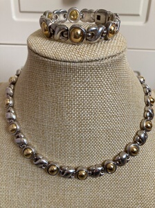 罕见意大利italy古董925银双色项链手链一套