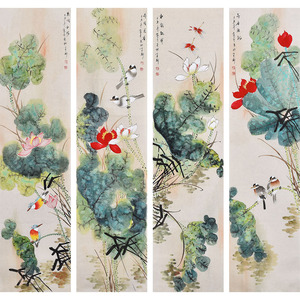 姜晓英《荷塘四条屏》水墨写意花鸟画0荷花 卧室餐厅装饰字画300