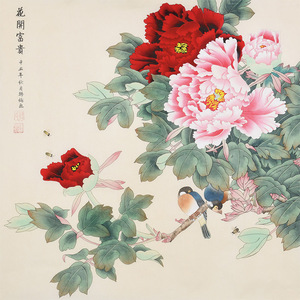 韩梅《花开富贵》名家精品手绘工笔牡丹客厅玄关挂画
