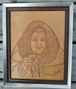 中古vintage 签名款 纯手工牛皮雕画 爱斯基摩人