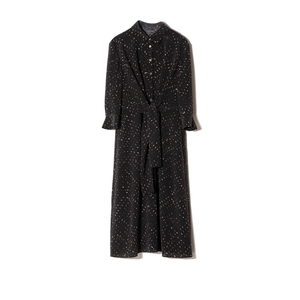 【卡利亚里35】衬衫式系带真丝连衣裙「黑底洒金印花」