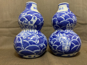 大埔高陂青花陶瓷七八十年代老厂货瓷器,老地图葫芦瓶.手绘青花