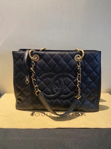 正品chanel香奈儿gst黑金金扣单肩包荔枝皮手提女士购物