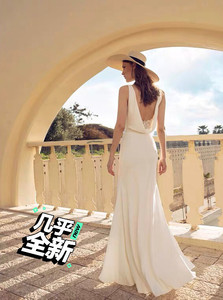 大v领露背轻婚纱礼服 夏巴厘岛海边度假沙滩长裙性感白色连衣裙