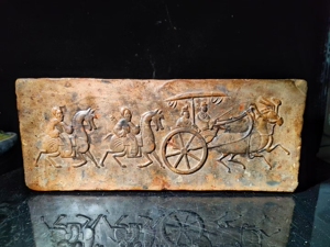 精美汉砖干泡茶台,车马出行图,黄色包浆绞胎,非常漂亮,做拓片