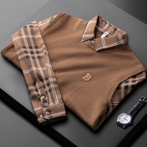潮牌轻奢高端咖啡色宝格丽格子毛衣!男士格子衬衫领套头假两件针