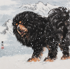 王贵邱《高原卫士》 当代藏獒画家 带合影 水墨动物字画 玄关