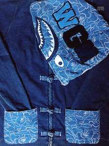 bape卫衣外套18ss中国风湛蓝迷彩 蓝染鲨鱼唐装夹克