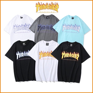 春夏季新款thrasher火焰圆领宽松休闲短袖学生男女情侣i