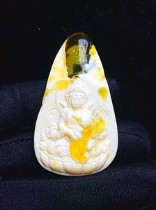 琥珀蜜蜡雕刻件金瓷白送子观音吊坠挂件收藏林峰大师作品