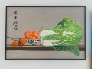 纯手绘油画，百事如意，60*90cm，带金属外边框，家具风水