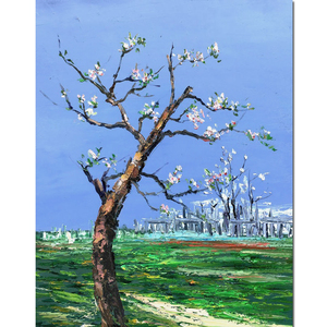 袁梦《桃树迎春》原创布面油画 手绘客厅风景油画 艺存神韵