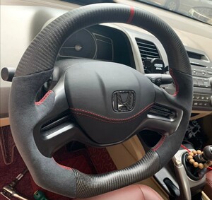 本田二代飞度八代思域碳纤维方向盘改装运动平底真皮翻毛翻新锋范