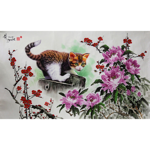朝鲜国画一级画家金成南《猫 牡丹》纯手绘原创客厅餐厅字画拍卖