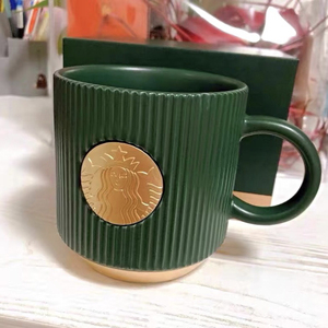臻选星巴克杯子礼盒装墨绿色陶瓷条纹金边女神铭牌马克杯喝水杯情
