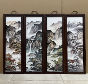 红木框内镶粉彩山水瓷板画四扇挂屏挂画屏风 珠山八友之汪野亭作