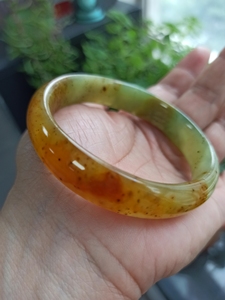 辽阳花玉半壁手镯,一半芬达红一半青草绿,整圈带金蝉子.