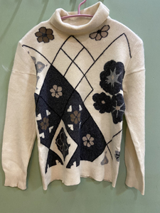 女士品牌专柜秋冬季纯羊绒几何图案高领韩版修身显瘦OL时尚毛衣