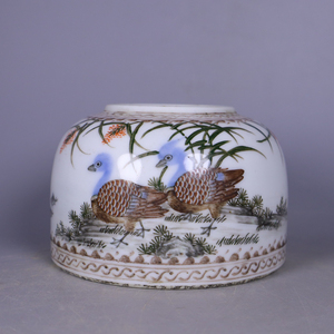 清,高档吴寿祺作品湖南醴陵瓷池塘秋趣图文房水盂,纯手工绘制