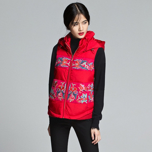 渔牌正品女装 春秋红色绣花背心羽绒服女外套f13d5097