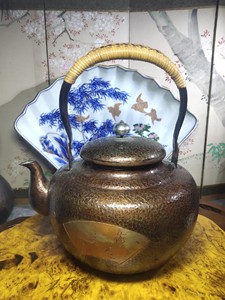 日本老铜壶，胜富堂铜壶，铜水注，内壁镀锡，金工铜壶，银摘，壶