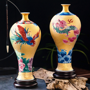 龙凤呈祥真黄金花瓶摆件客厅书房玄关 国宝陶瓷艺术大师顾澄清