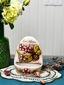 孤品vintage陶瓷壁挂花盆花瓶花插立体浮雕蝴蝶花朵壁挂美