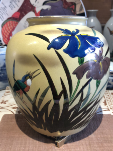 日本回流 九谷 交趾釉 翠鸟兰花 纹 大花瓶