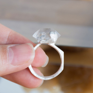 手艺人手作 纯银镶嵌白水晶原石指环白晶矿石戒指 18号