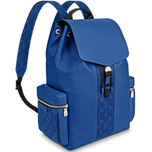 9新]lv蓝色牛皮outdoor老花双肩包新款书包背包男包