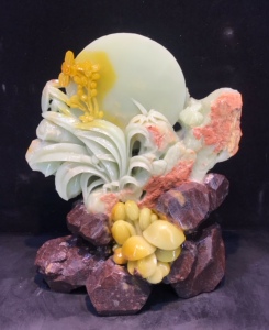 青田石雕花好月圆*封门青花卉摆件